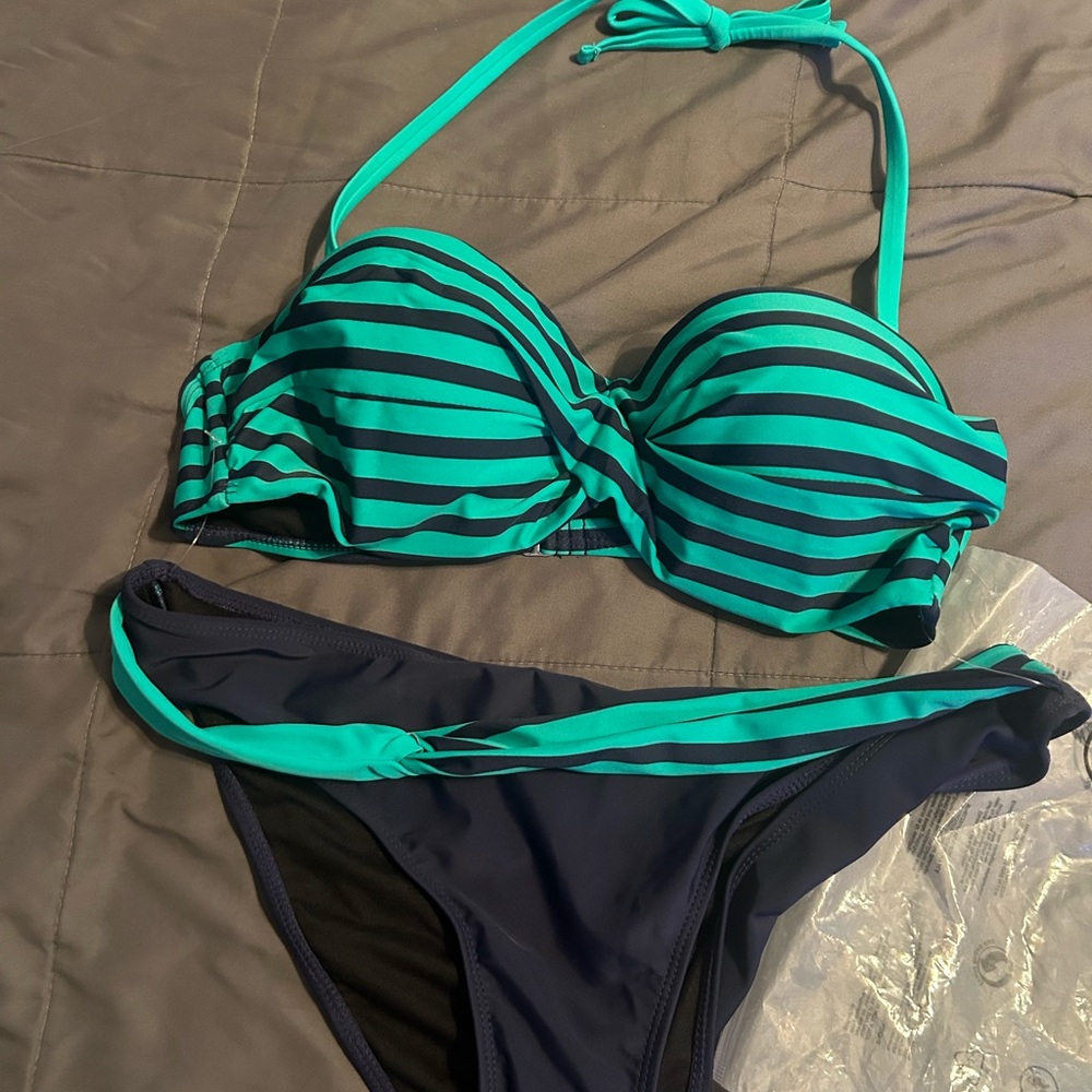 Striped Halter Bikini Set - Teal and Navy Blue